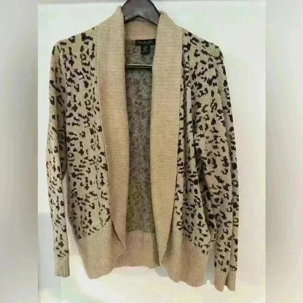 Rachel Zoe Animal Print Chunky Soft Knit Open Cardigan Teddy‎ Sweater